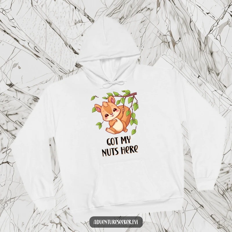 Funny swinging squirrel hoodie featuring a playful character swinging from a vine, embodying forest fun and comfort.