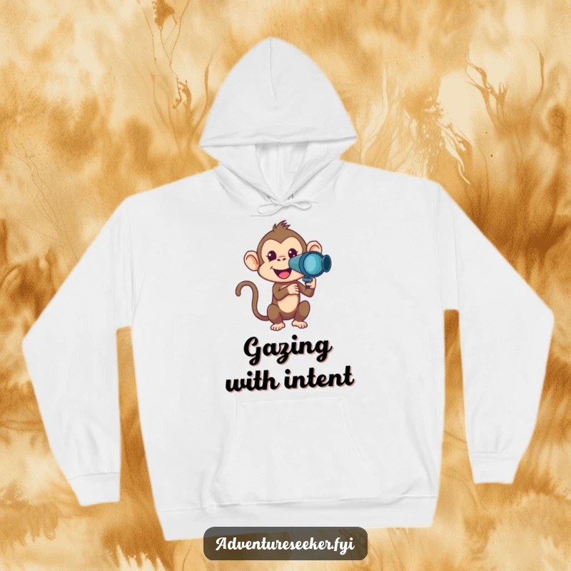 Funny Monkey Hoodie depicting a mischievous monkey character looking through a telescope, perfect cozy and humorous gift.