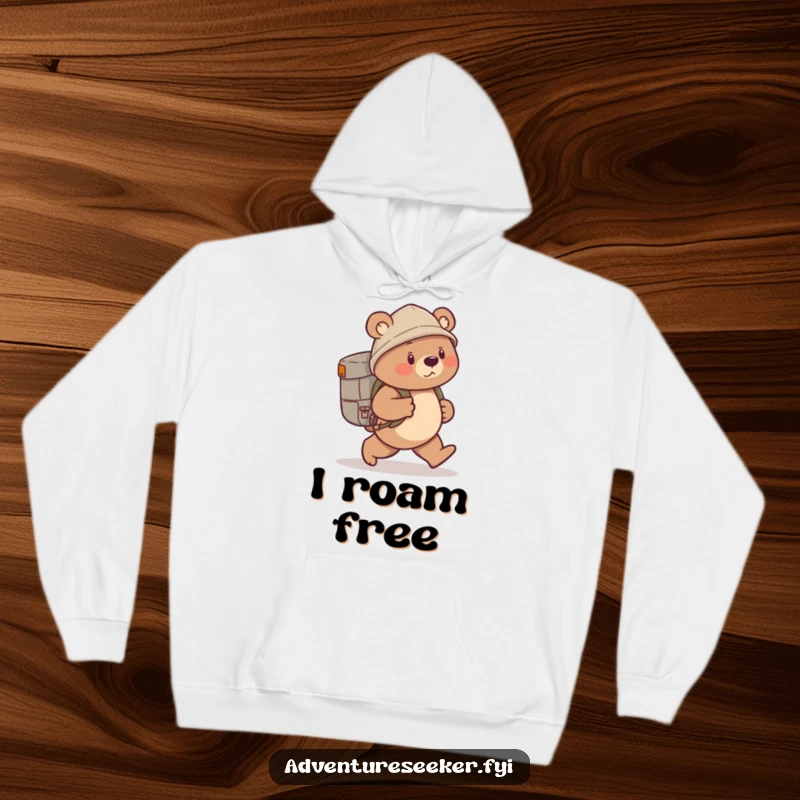 Funny bear explorer hoodie showing a cozy bear with a backpack, embarking on an adventure with a determined expression.