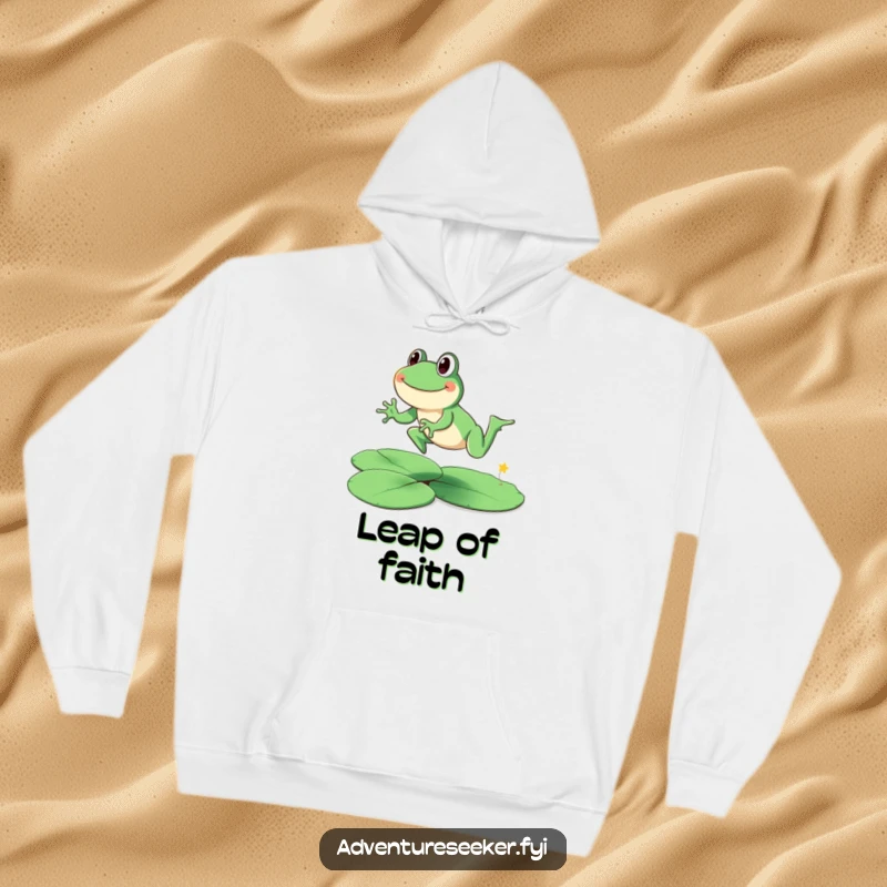 Funny smiling frog in a hoodie, energetically leaping across lily pads. A warm funny gift.