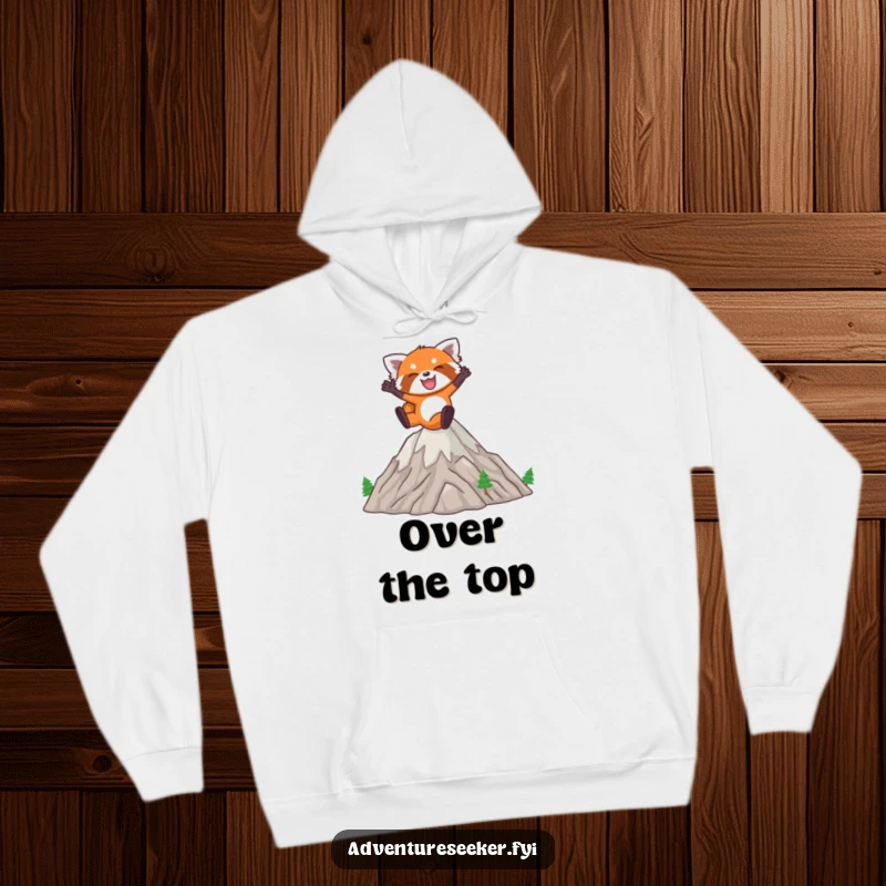 Funny Red Panda Hoodie: Joyful red panda leaping energetically over miniature mountains, warm and cozy.