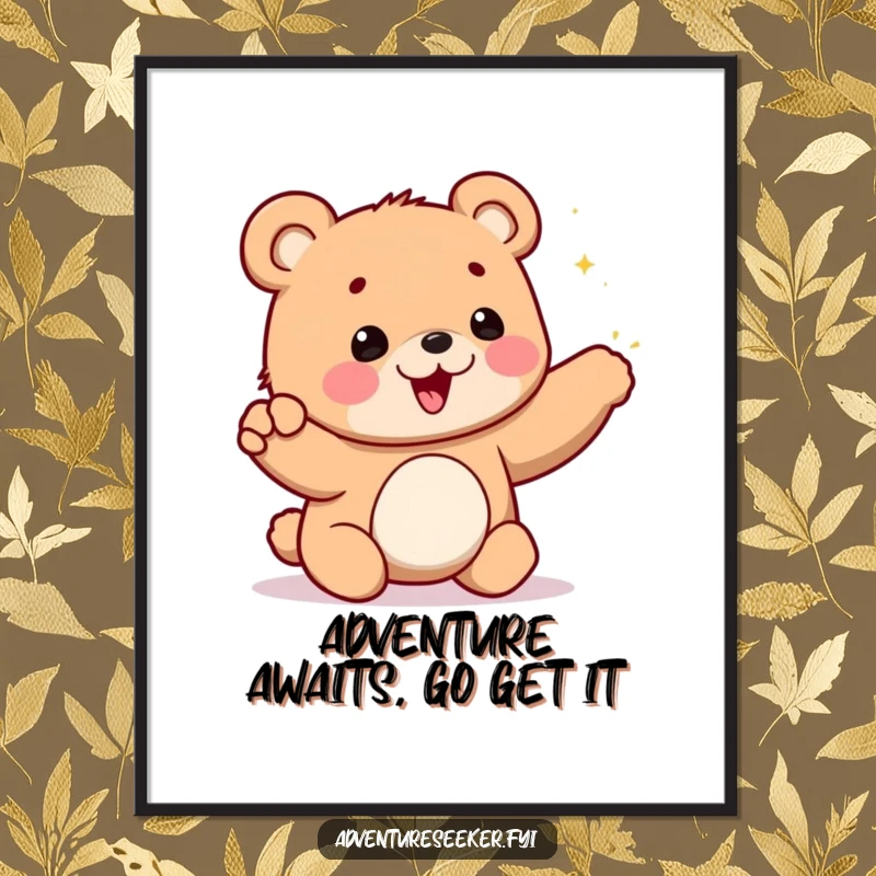 Funny Free Printable Wall Art: Cheerful bear cub enthusiastically points at a sparkling, distant mountain. Uplifting downloadable adventure decor.