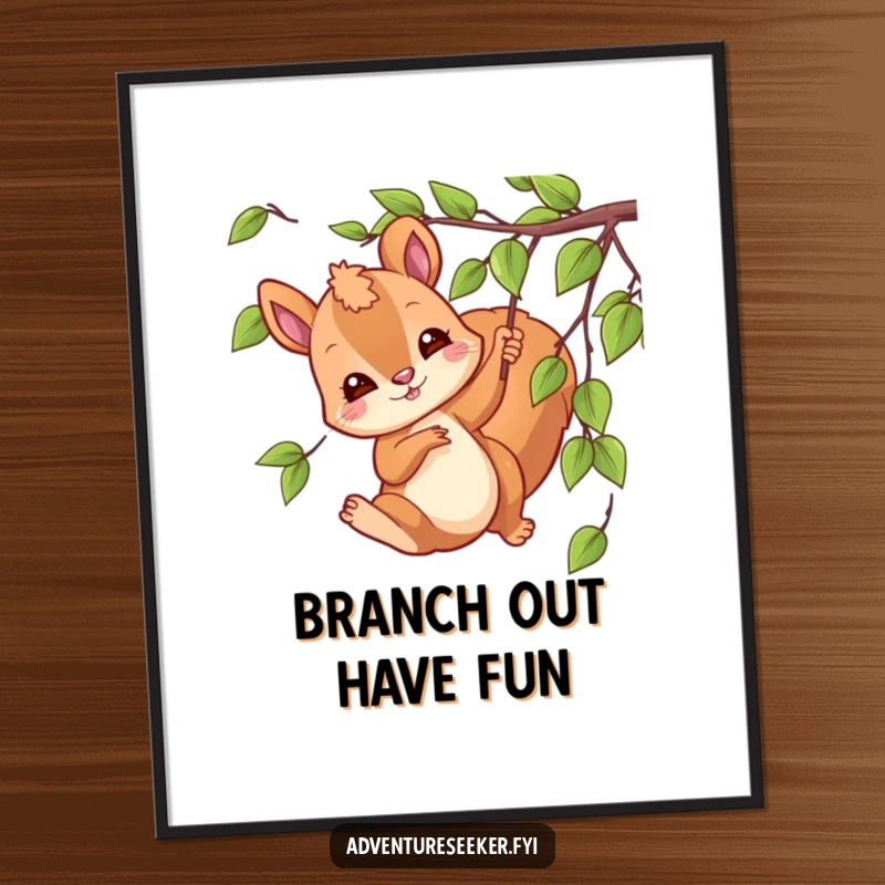 Funny Free Printable Wall Art: A playful squirrel character swinging from a vine, capturing movement and joy.