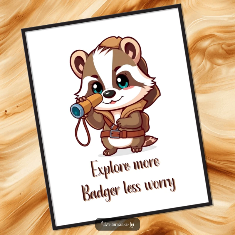 Funny free printable wall art of a brave badger explorer peering through a spyglass with determination, exciting adventure theme, downloadable decor.