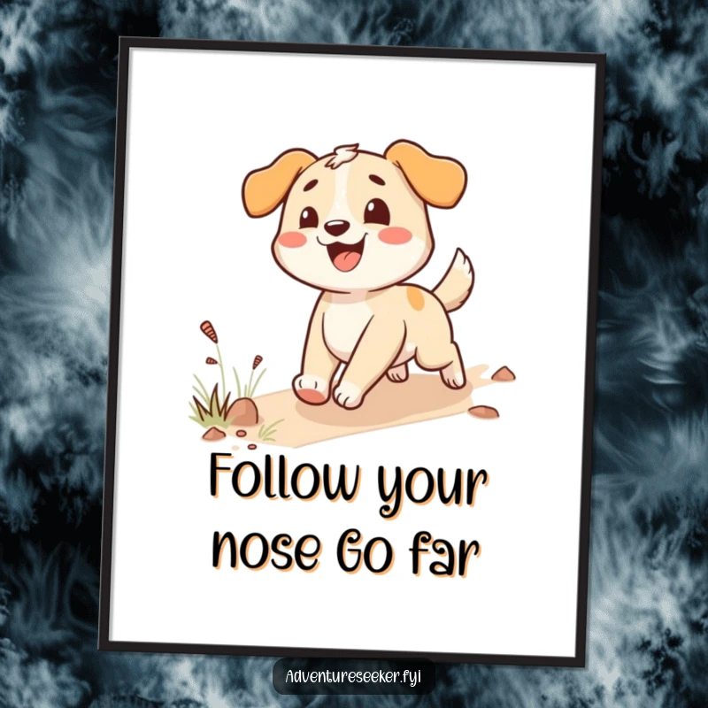 Funny Free Printable Wall Art: A happy dog character enthusiastically following a trail, bringing joy and humor.