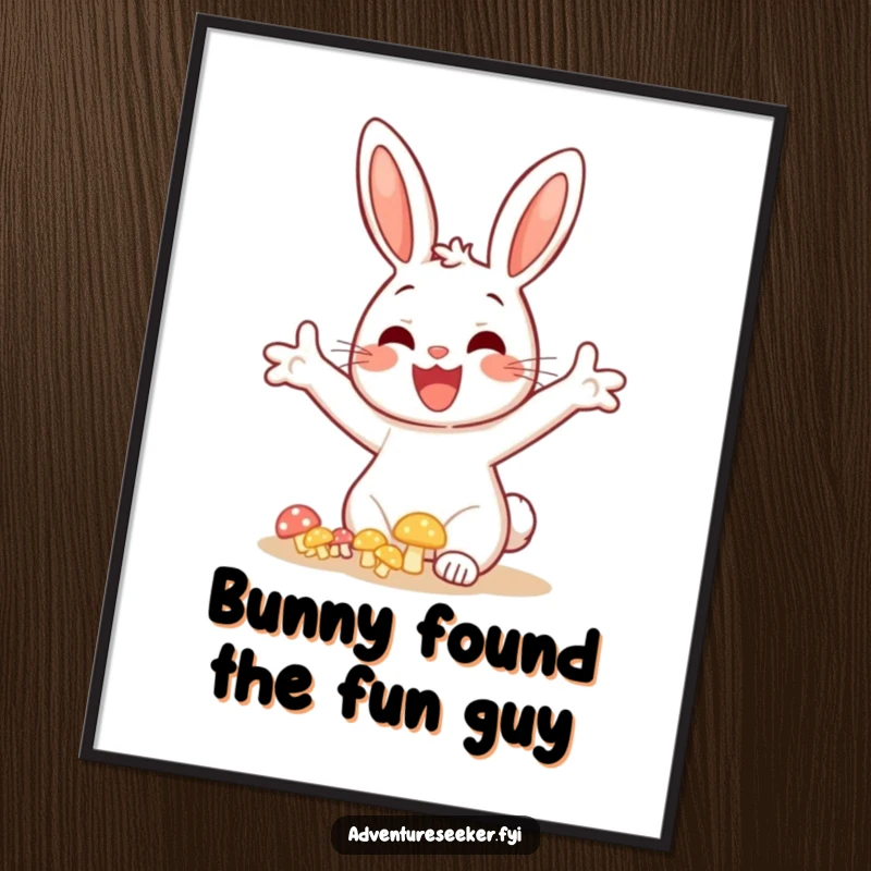 Funny Free Printable Wall Art: Cheerful bunny joyfully discovers a cluster of glowing mushrooms.