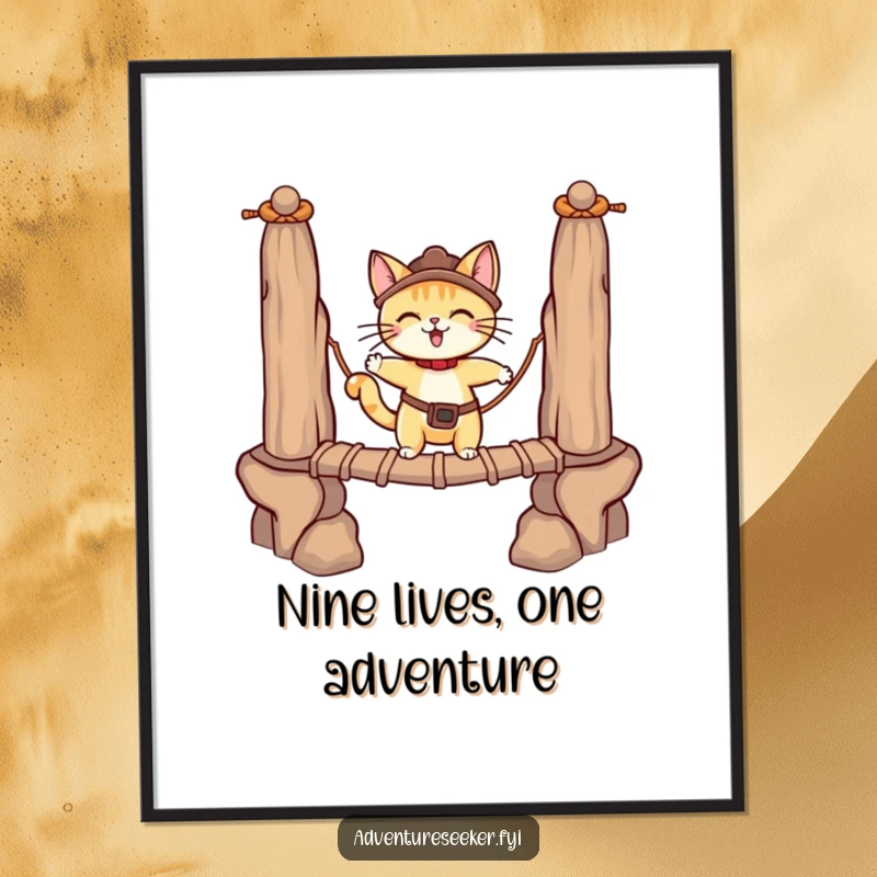 Funny Free Printable Wall Art: An adventurous cat bravely traverses a rope bridge, adding a whimsical touch.