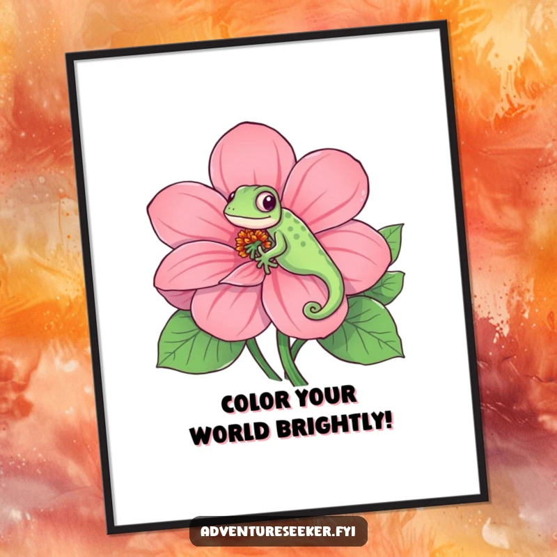 Funny Free Printable Chameleon Wall Art: Playful chameleon perfectly camouflaged on a giant, vibrant flower, unique downloadable art.