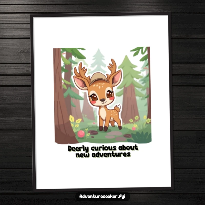 Funny free printable wall art of a shy deer scout cautiously emerging from a dense forest, conveying curiosity and gentle humor, downloadable decor.