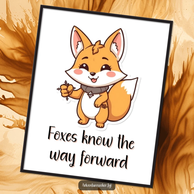 Funny Free Printable Fox Wall Art: A smiling fox holds a compass, pointing forward with unwavering determination.