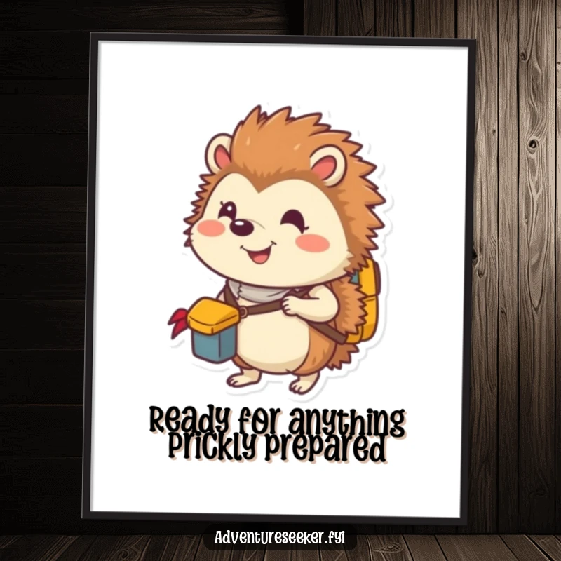 Funny free printable wall art of a smiling hedgehog explorer packing a tiny backpack with supplies, adventurous and humorous, downloadable decor.
