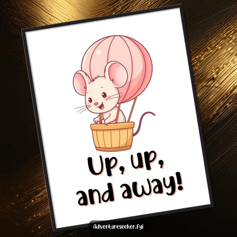 Funny Free Printable Wall Art: An energetic mouse enjoys a whimsical ride in a miniature hot air balloon.