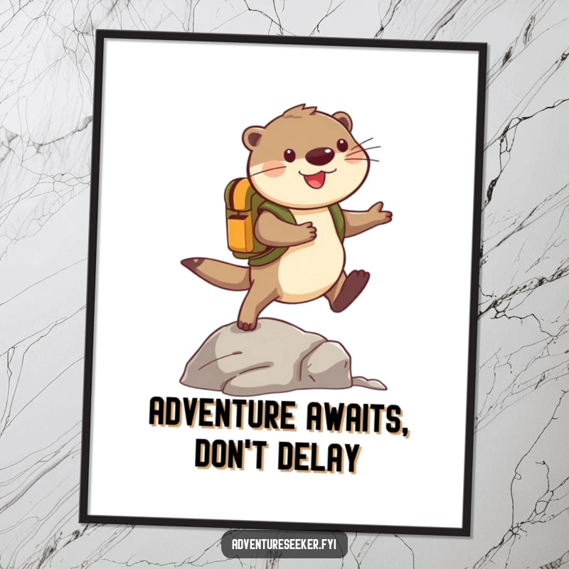 Funny Free Printable Wall Art: Cheerful otter adventurer with backpack leaping over a rock, ready for endless exploration.