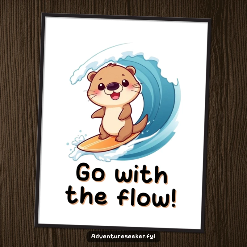 Funny Free Printable Otter Wall Art: Giggling otter skillfully surfing a massive wave on a small board, fun downloadable art.