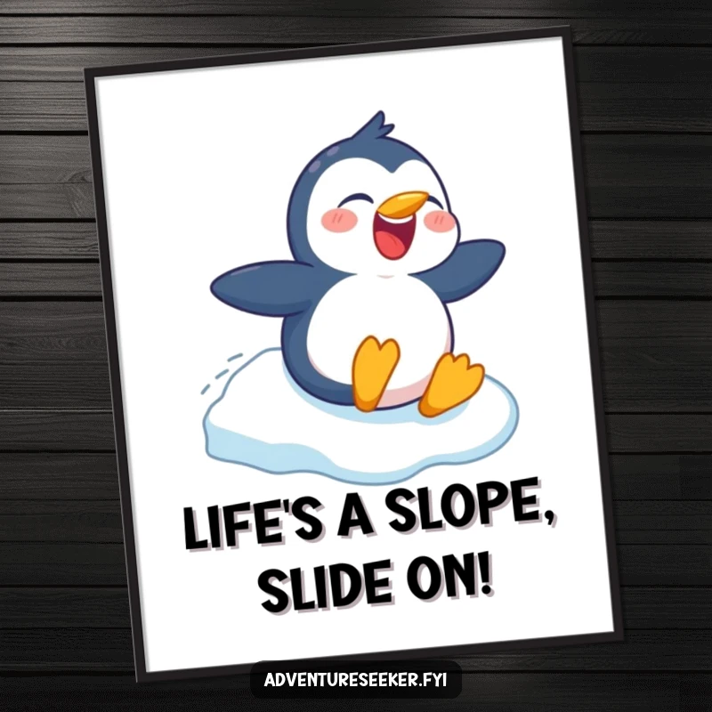 Funny Free Printable Penguin Wall Art: Laughing penguin joyfully sliding down an icy slope, cool downloadable decor.