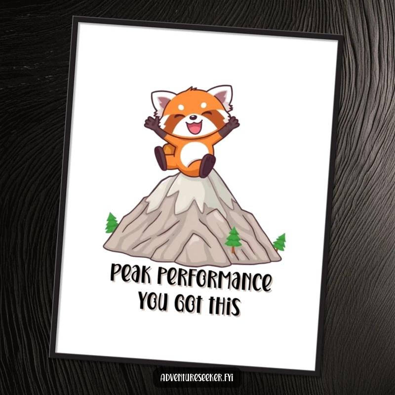 Funny Free Printable Wall Art: Joyful red panda leaping over miniature mountains, radiating happiness and energy.
