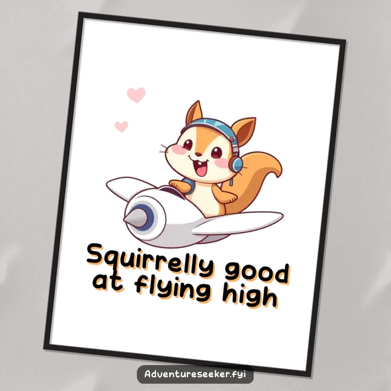 Funny Free Printable Squirrel Pilot Wall Art: A giggling squirrel pilot joyfully soars through the sky in a tiny plane, inspiring adventure.