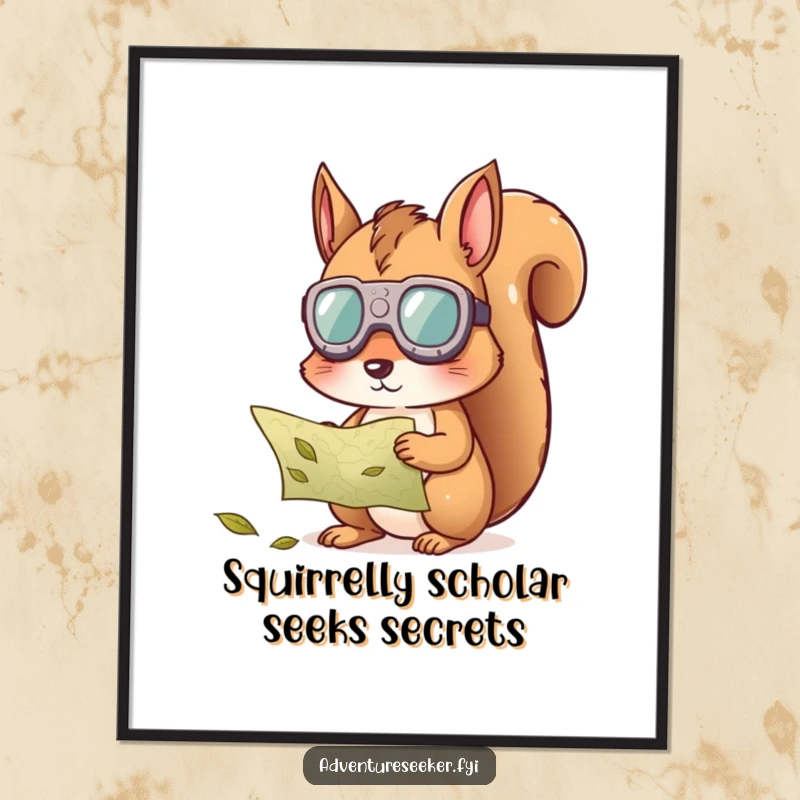 Funny Free Printable Wall Art: Curious squirrel wearing goggles intently decodes a map made of leaves.