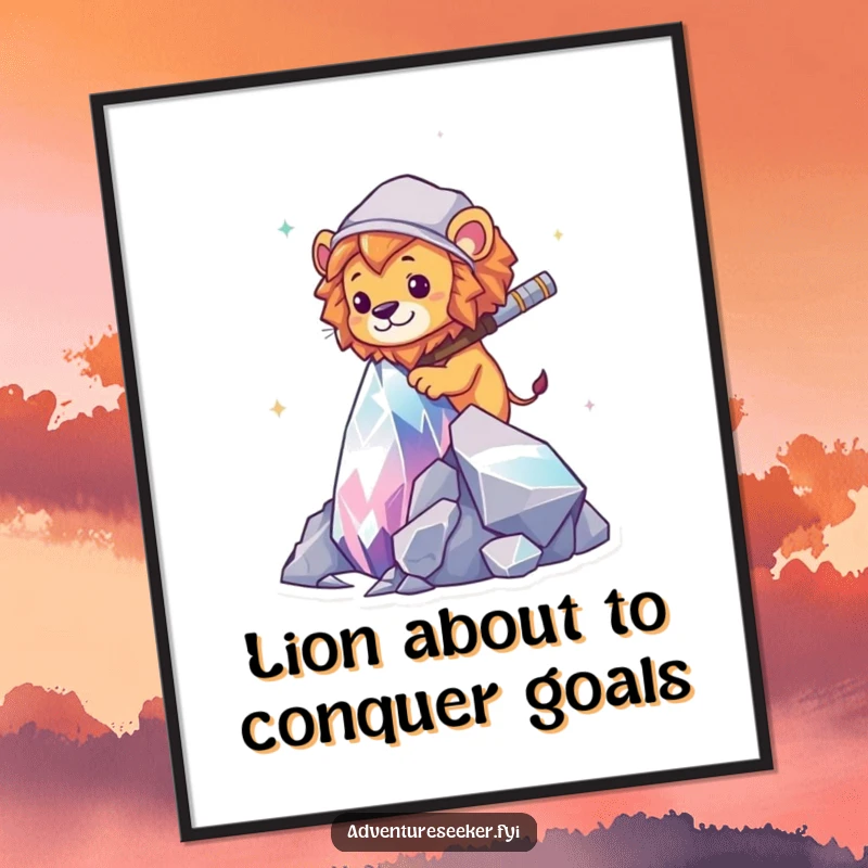 Funny Free Printable Wall Art: Bold lion explorer conquering a sparkling crystal, symbolizing ambition and daring exploration.