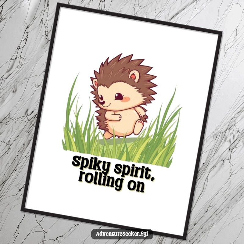 Funny Free Printable Wall Art: A brave hedgehog resolutely rolling through lush tall grass, embodying a spirit of adventure.