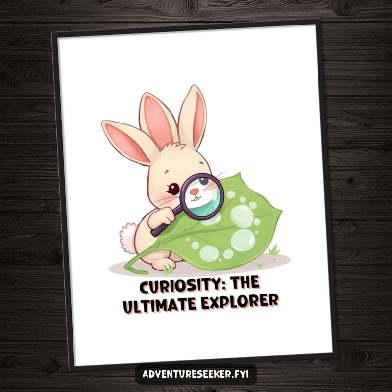 Funny Free Printable Wall Art: Rabbit with magnifying glass closely inspecting a large, dew-covered leaf, curiosity.