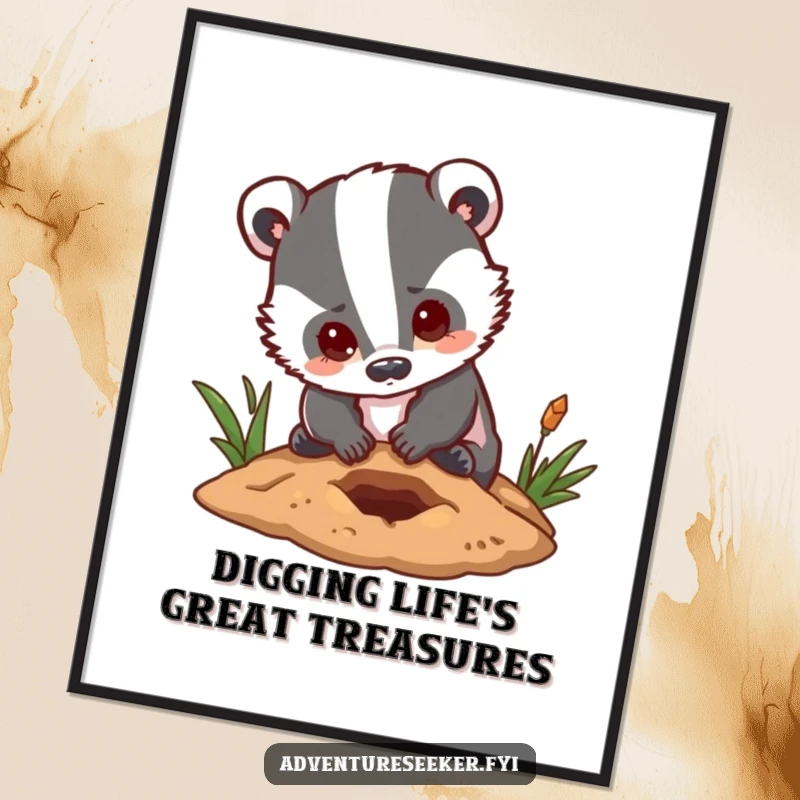 Funny Free Printable Wall Art: A determined badger enthusiastically digging a small hole, radiating hopeful energy and tenacity.