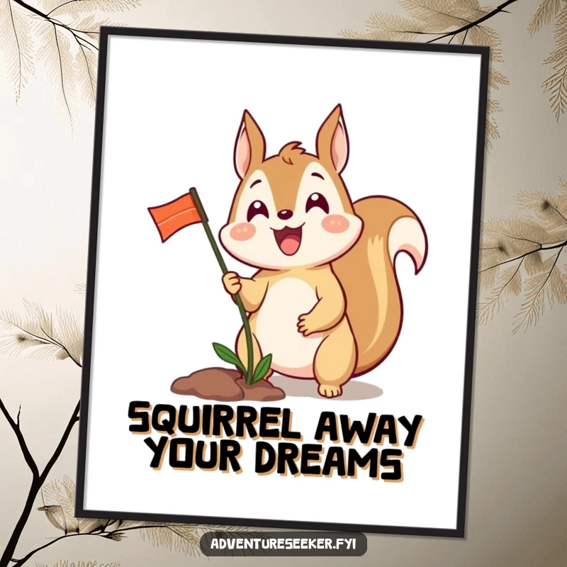 Funny free printable wall art of an excited squirrel planting a tiny flag, celebrating a small victory.