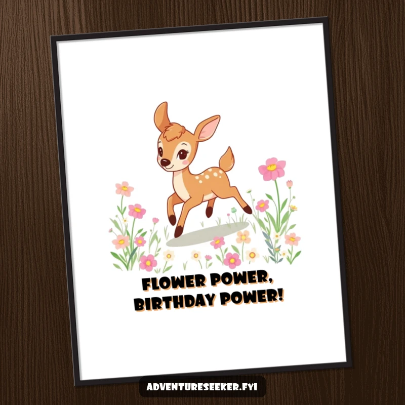 Funny Free Printable Wall Art: A playful deer joyfully bounding through a sun-drenched field of colorful flowers, radiating happiness.