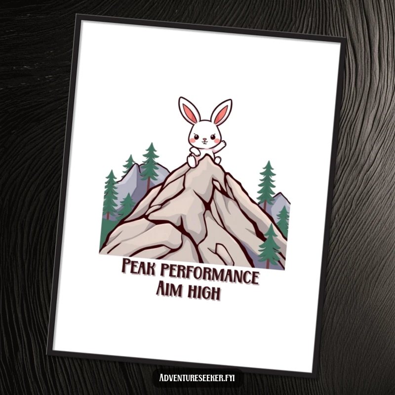 Funny Free Printable Wall Art: Determined rabbit character conquering a stylized mountain peak, inspiring and humorous.