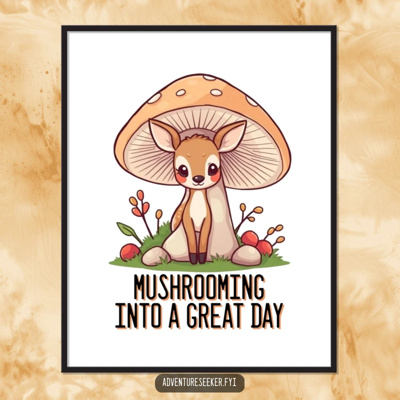 Funny Free Printable Wall Art: Shy deer peeking from behind a giant, friendly mushroom in a whimsical woodland scene.