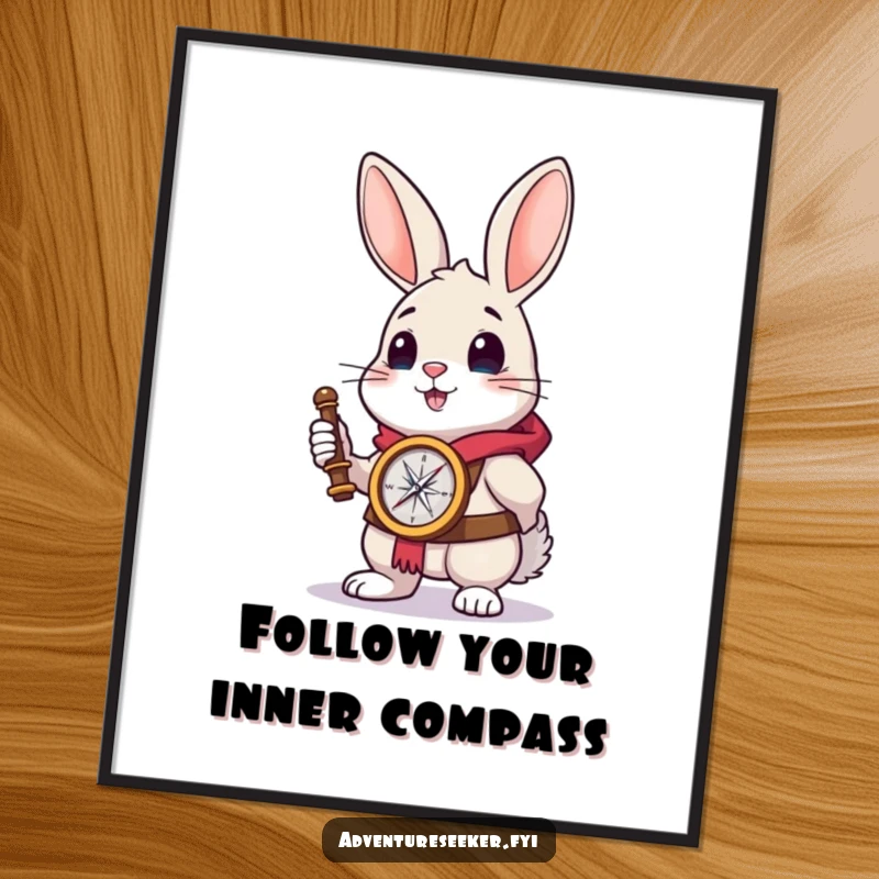 Funny Free Printable Wall Art of a brave rabbit holding a compass, looking towards the horizon, symbolizing adventure and hope.