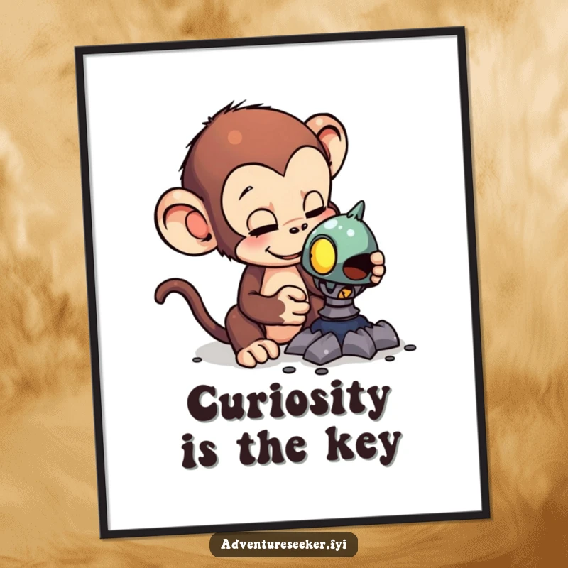 Funny Free Printable Monkey Wall Art: A curious monkey examining a strange alien artifact, sparking wonder.