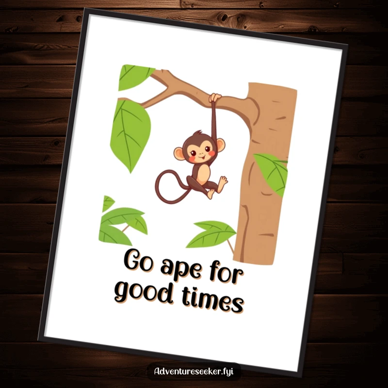 Funny Free Printable Wall Art: A mischievous monkey character playfully hanging upside down from a lush jungle tree branch.