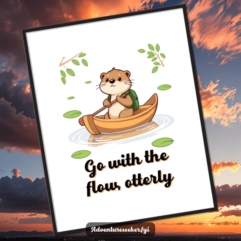 Funny Free Printable Wall Art: Otter with backpack paddling a leaf boat across a shimmering pond, peaceful journey.