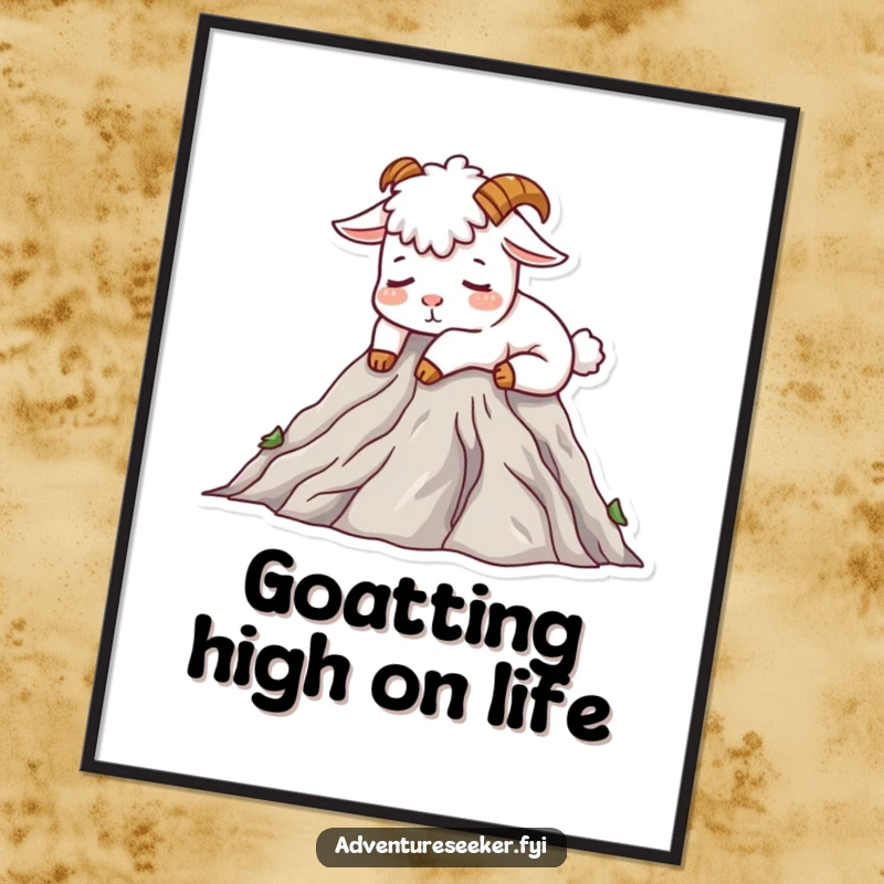 Funny Free Printable Wall Art depicting a relaxed mountain goat character dozing contentedly atop a majestic, sun-drenched peak.