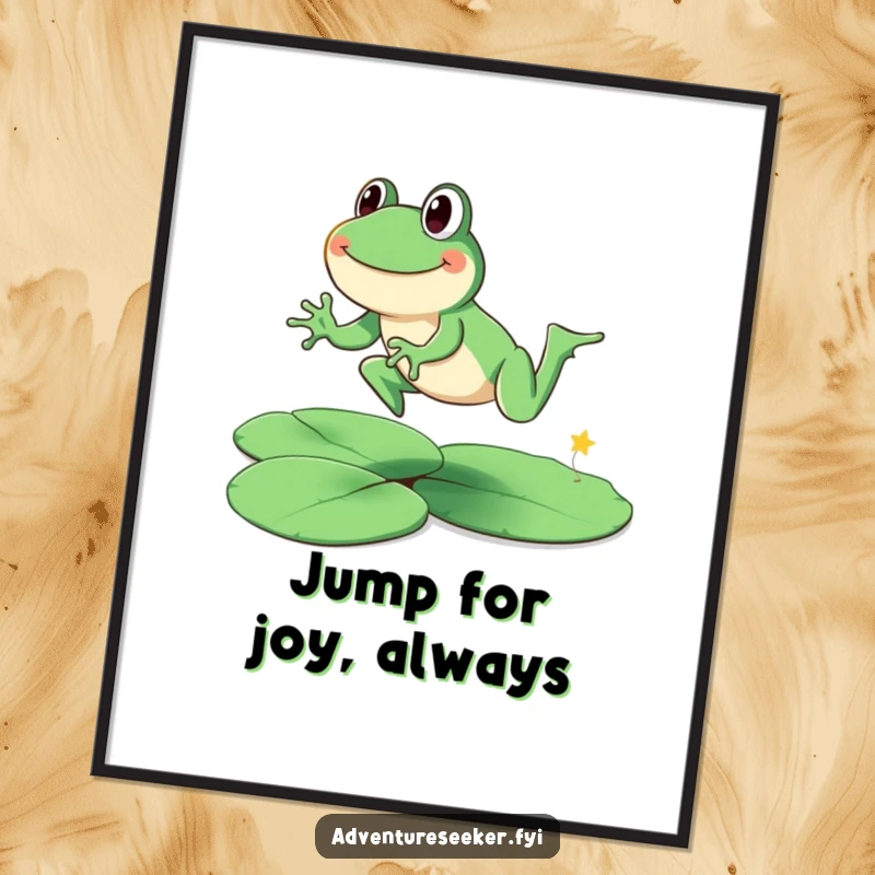 Funny Free Printable Wall Art: A smiling frog leaps from lily pad to lily pad with cheerful energy.
