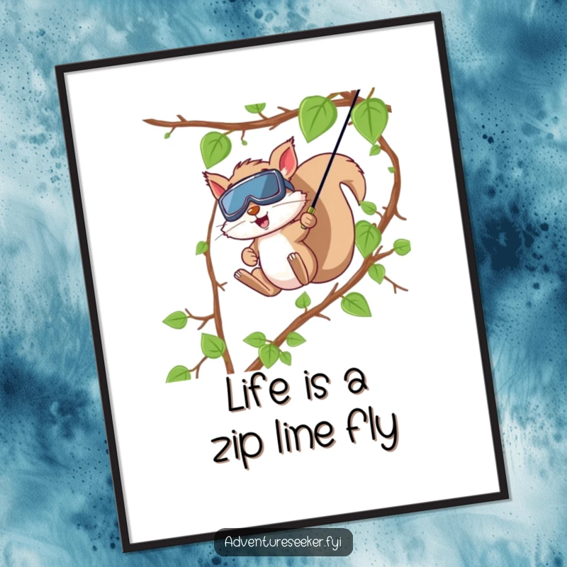 Funny Free Printable Wall Art: Squirrel in goggles ziplining down a vine, action-packed adventure theme.