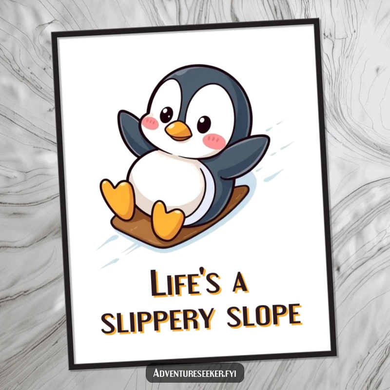 Funny Free Printable Wall Art: A wobbly penguin enjoys a slippery ride down an icy slope, bringing joy.