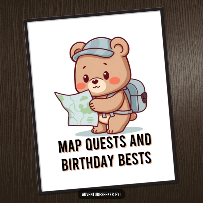 Funny Free Printable Bear Wall Art: A cute bear with a backpack eagerly studies a map, symbolizing adventure and discovery.