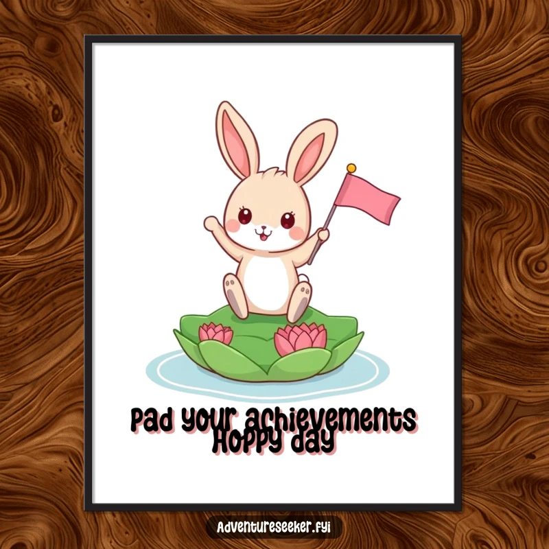Funny Free Printable Wall Art: Playful bunny planting a tiny flag on a lily pad, full of whimsical victory.