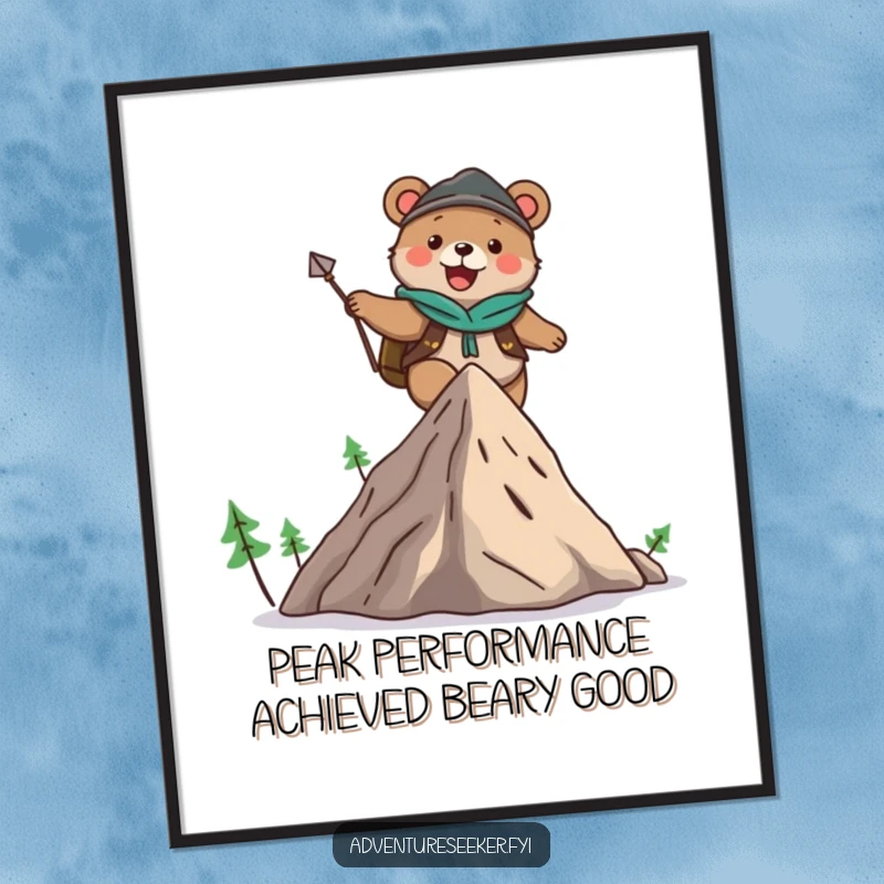 Funny Free Printable Bear Climbing Wall Art: A cute bear adventurer joyfully scales a stylized mountain, bringing outdoor vibes.