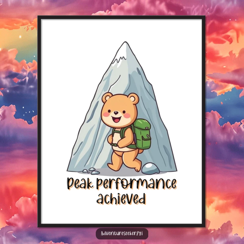 Funny Free Printable Bear Wall Art: A happy bear with a backpack joyfully climbing a gigantic mountain, adventure awaits.