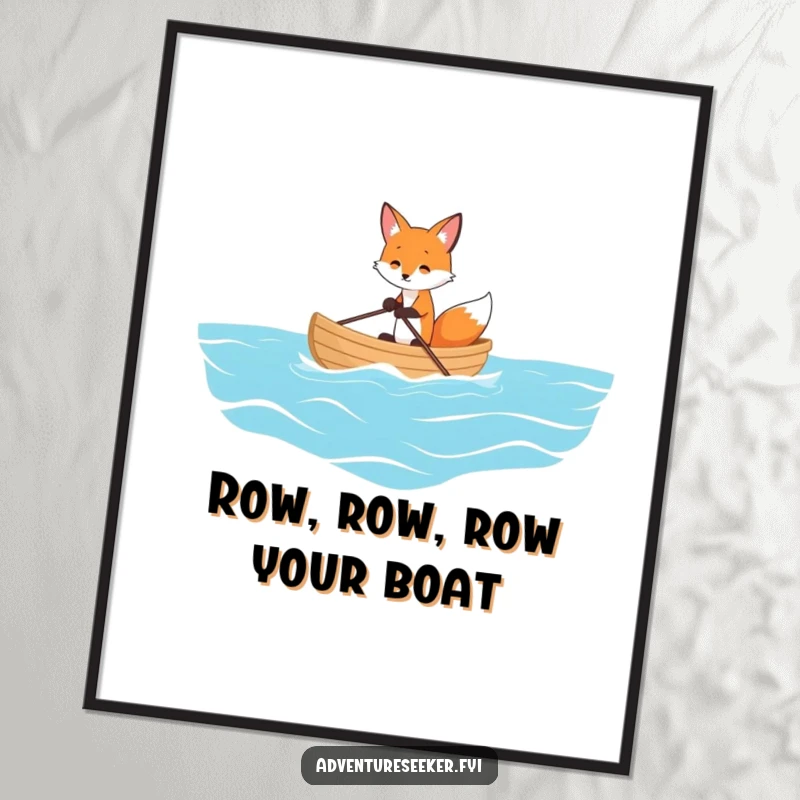 Funny Free Printable Fox Wall Art: A playful fox rowing a tiny boat on a vast ocean, evoking adventure.
