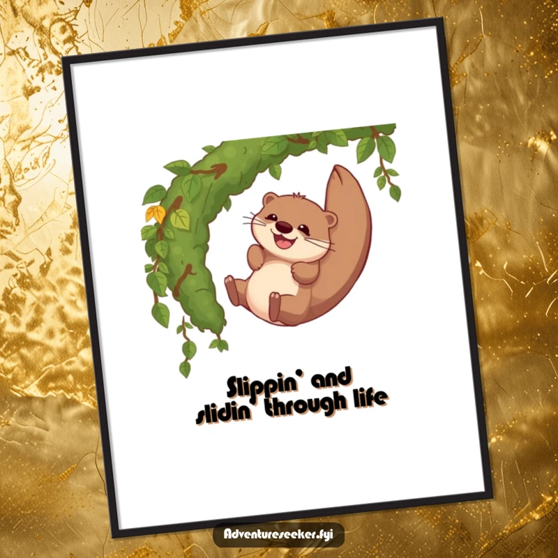 Funny Free Printable Wall Art: A giggling otter character gleefully sliding down a lush, mossy jungle vine.