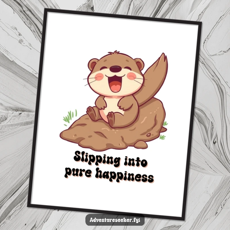 Funny Free Printable Wall Art: A giggling otter gleefully sliding down a messy muddy hill, embodying pure, unadulterated fun.