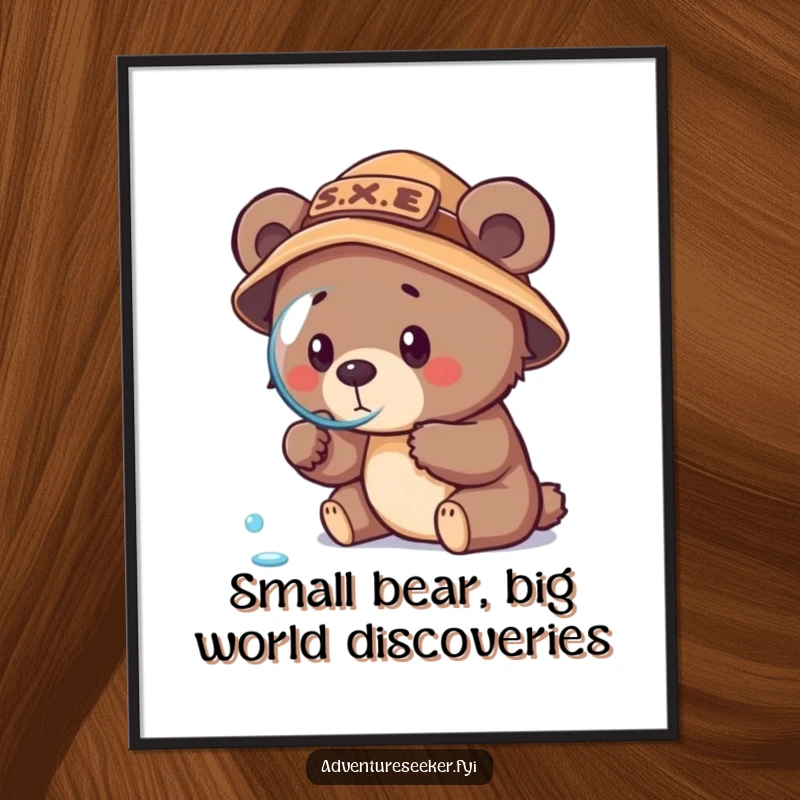 Funny Free Printable Wall Art: Small bear cub explorer with hat and magnifying glass discovering nature.