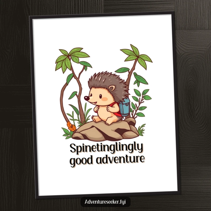 Funny Free Printable Wall Art: Brave hedgehog with backpack fearlessly navigating a miniature jungle, embodying adventure.