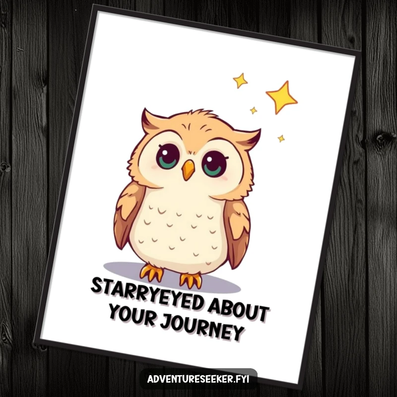 Funny Free Printable Wall Art of a curious owl character gazing intently at a distant, shimmering star in the night sky.