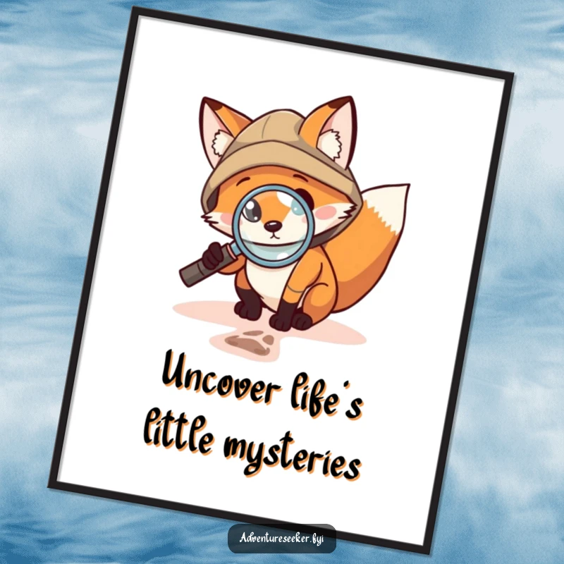Funny Free Printable Wall Art: Brave fox explorer with magnifying glass inspecting a tiny footprint, embodying curiosity.