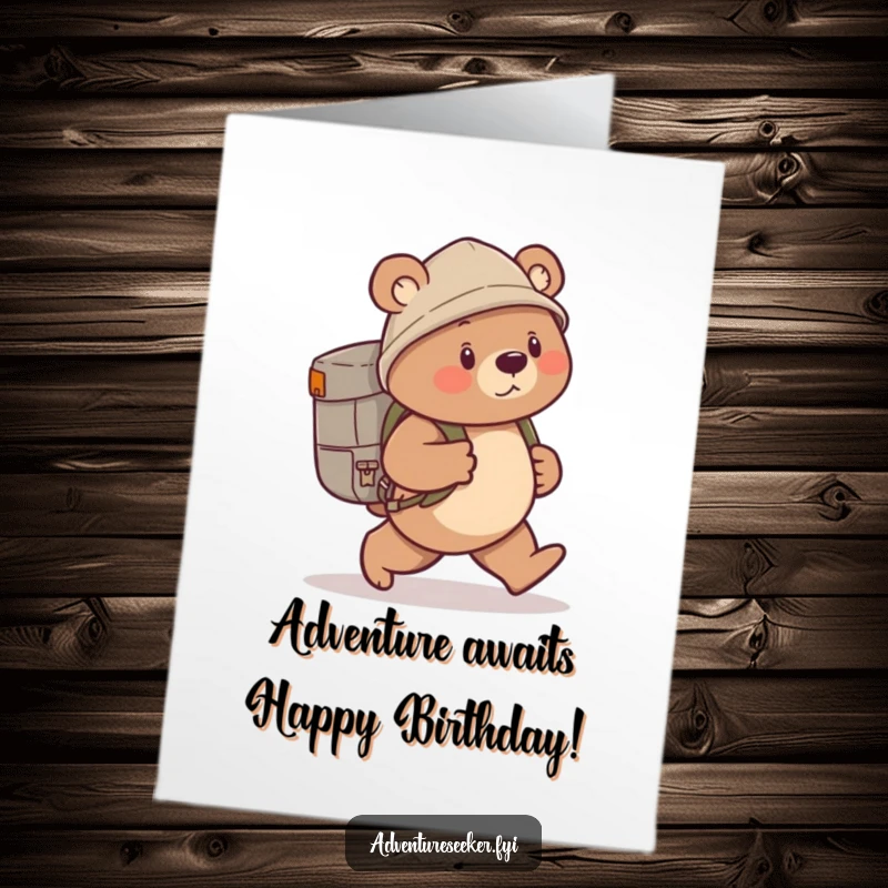 Funny Free Printable Birthday Card featuring a determined bear explorer with a backpack, ready for adventure.